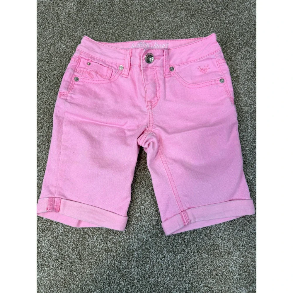 Justice Girls Pink Denim Bermuda Shorts 10R Simply Low Cuffed Stretch 10 Kids